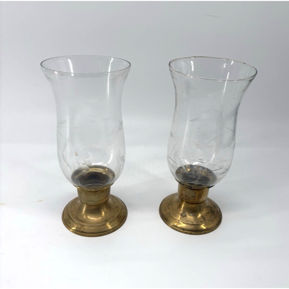 Vintage Brass & Etched Glass Grape Vine Hurricane Candle Holders Pair 8"
